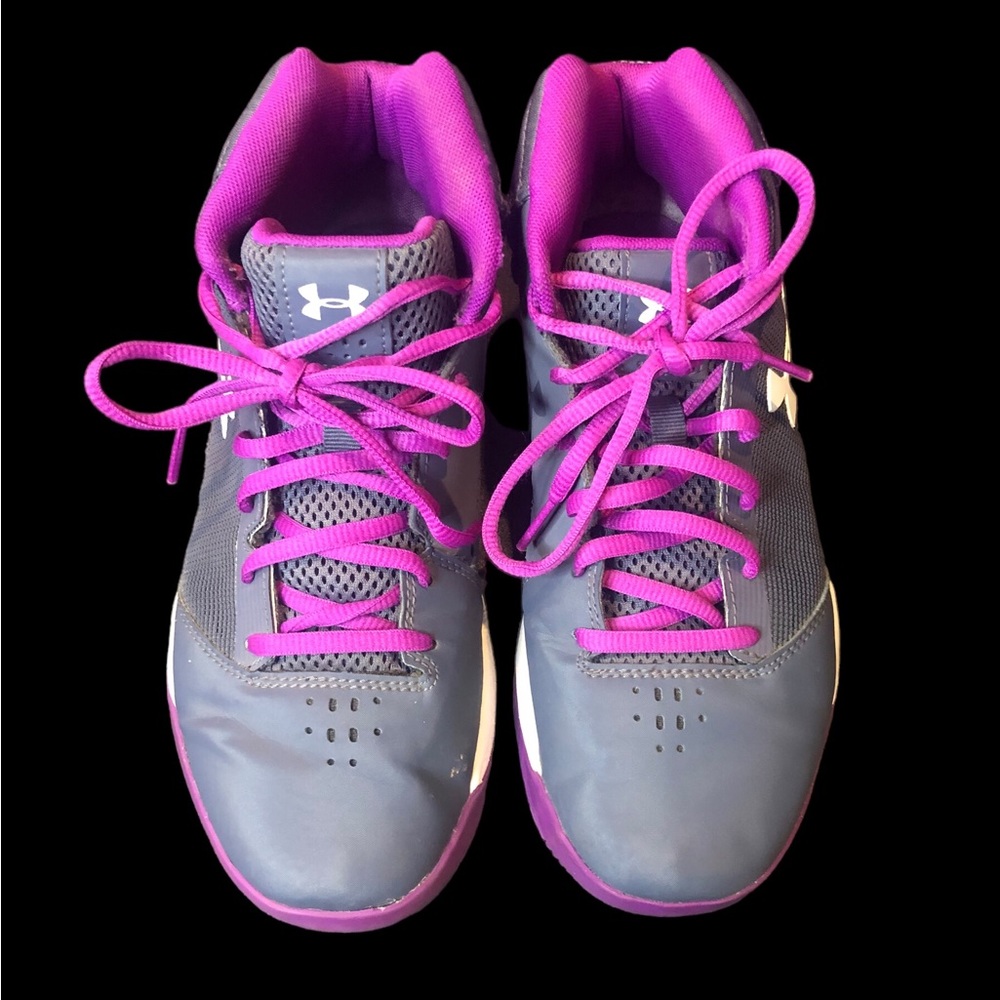 ⭐️Under Armour Gray Purple Basketball High Top Shoes Kids Size 6Y, Youth